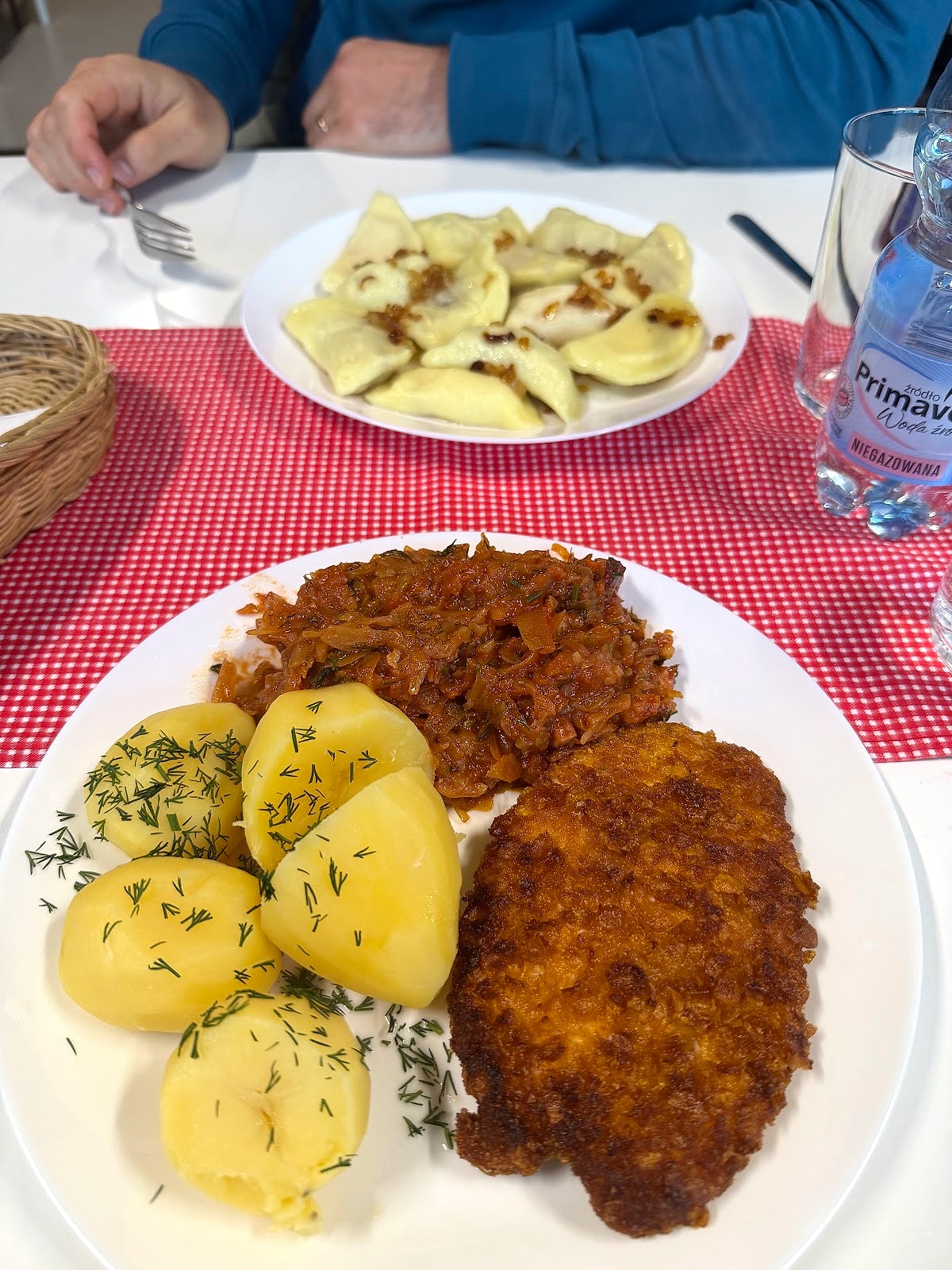 Two Polish lunch plates on a red gingham table at Czerwona Koza