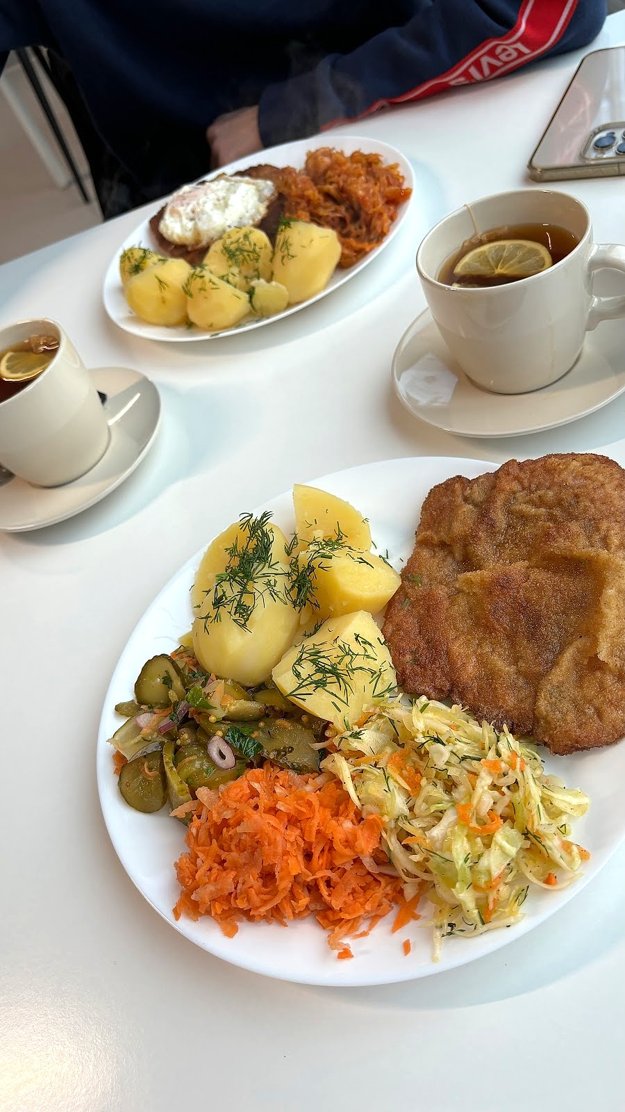 Two homestyle Polish lunch plates with tea at Czerwona Koza